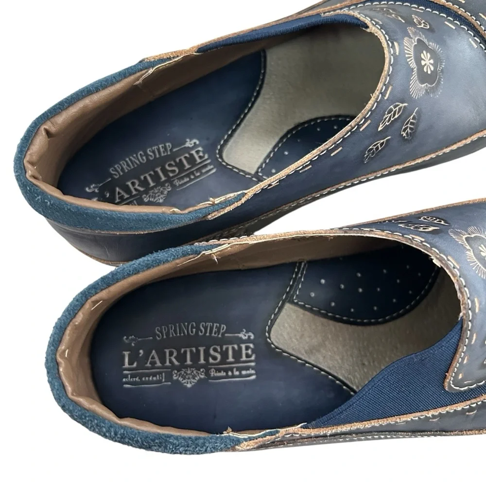 SPRING STEP L’Artiste Burbank Navy Blue Leather Clogs 37 Extra Narrow Width - Picture 8 of 13
